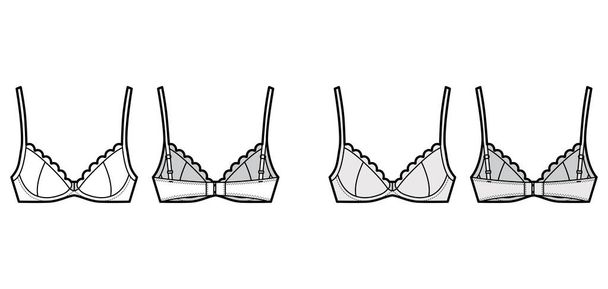 Bra scalloped cups lingerie technical fashion illustration with full adjustable shoulder straps, hook-and-eye closure - Vector, Image