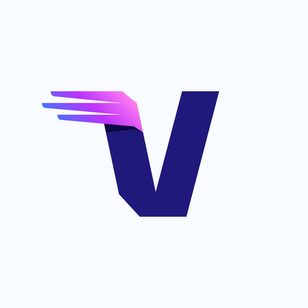 V letter logo with fast speed lines or wings. Corporate branding identity design template with vivid gradient. Can be used for delivery ads, technology poster, sport identity, etc. - Vector, Image