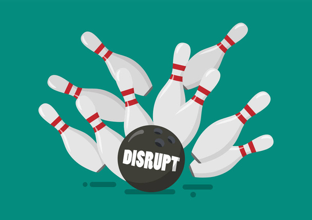 Disrupt bowling ball breaks bowling pins. Business disruption concept. Vector illustration - Vector, Image