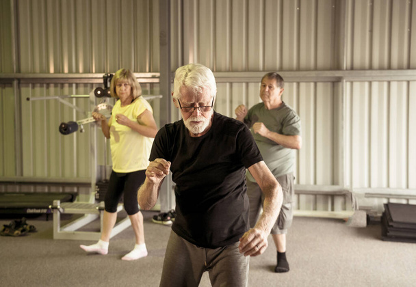 Group of seniors in Tai Chi class exercising in an active retirement lifestyle. Mental and physical health benefits of exercise and fitness in elderly people. Senior health care and wellbeing concept. - Zdjęcie, obraz