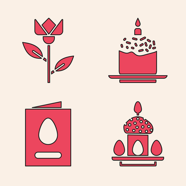 Покладіть пасхальний торт і яйця, квітку тюльпан, пасхальний торт і свічку і вітальну листівку з іконою "Щасливе Великдень". Вектор. - Вектор, зображення