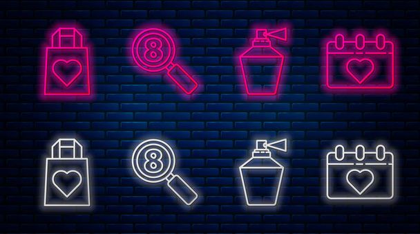 Set line Search 8 March, Perfume, Shopping bag with heart and Calendar with 8 March. Glowing neon icon on brick wall. Vector. - Vector, Image