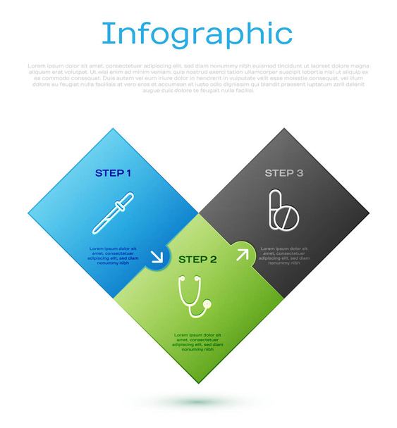 Set line Pipette, Medicine pill or tablet and Stethoscope. Business infographic template. Vector. - Вектор,изображение