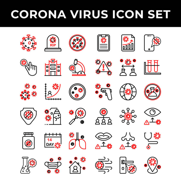 Coronavirus Symbolset umfasst Coronavirus, Infektion, Maske, Medizin, Krankheit, Vektor, Grippe, Linie, Symbol, Pandemie, Schutz, Epidemie, Medizin, Hand, Quarantäne, Temperatur - Vektor, Bild