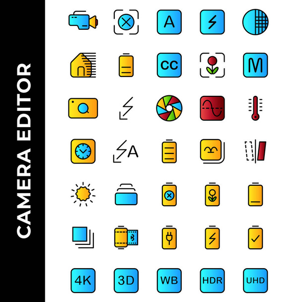 camera editor icon set include camera,flash,photo filter,power,resolution,gallery,image,battery - Vector, Image