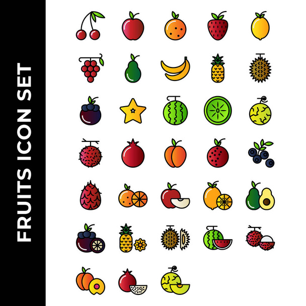 фруктовый иконный набор включает в себя яблоко, апельсин, клубнику, лимон, виноград, авокадо, банан, ананас, дуриан, мангостин, старфруит, ватермелон, киви, дыню, рамбутан, гранат, персик - Вектор,изображение