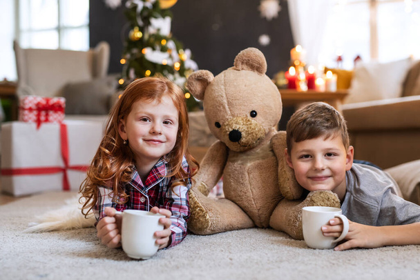 Μικρό κορίτσι και αγόρι με πιτζάμες σε εσωτερικούς χώρους στο σπίτι τα Χριστούγεννα, κοιτάζοντας την κάμερα. - Φωτογραφία, εικόνα