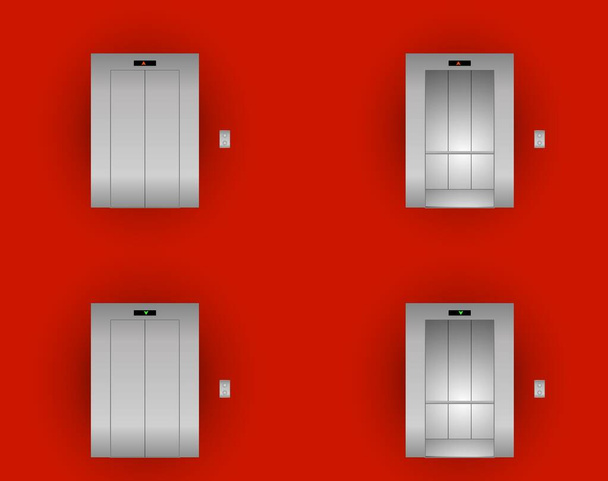 Elevador de metal vectorial exterior e interior sobre fondo de pared rojo - Vector, imagen