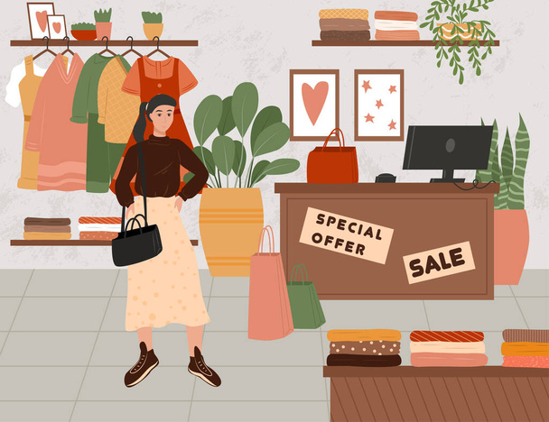 Fashion shop with female character vector flat cartoon illustration. Wardrobe store with clothes and accessories. - Vector, Image