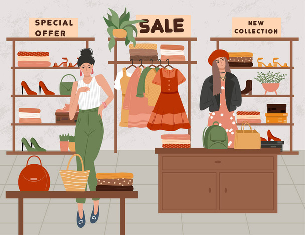 Interior de loja de moda com personagens femininos ilustração de desenho animado plano vetorial. Mulher de compras na loja de boutique. - Vetor, Imagem