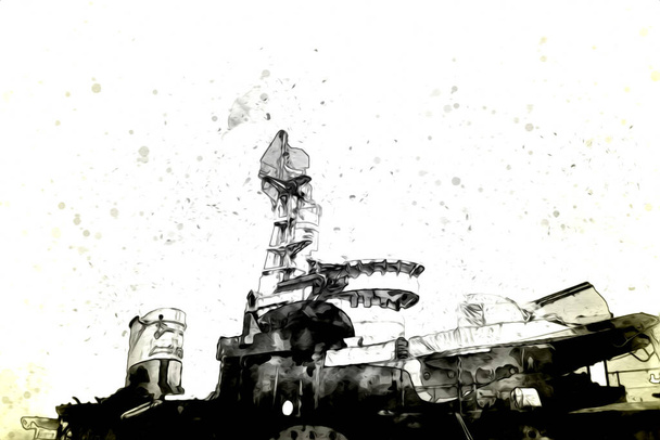 戦艦海のイラスト｜アンティークヴィンテージアートドローイング - 写真・画像