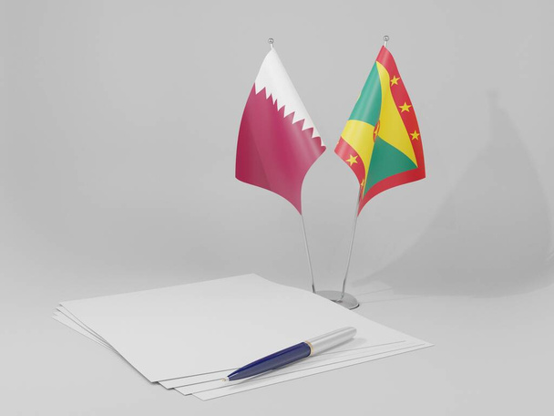 Grenada - Katar Anlaşması Bayrakları, Beyaz Arkaplan - 3B Hazırlama - Fotoğraf, Görsel
