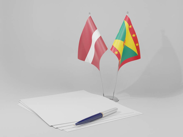 Grenada - Letonya Anlaşması Bayrakları, Beyaz Arkaplan - 3B Hazırlama - Fotoğraf, Görsel