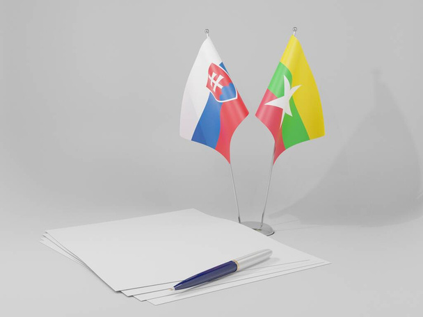 Myanmar - Slovakya Anlaşması Bayrakları, Beyaz Arkaplan - 3D Render - Fotoğraf, Görsel