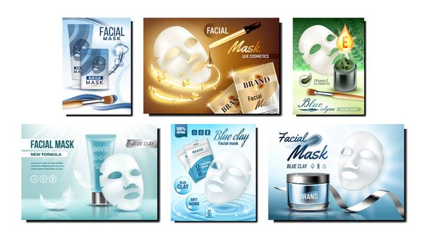 Facial Mask Cosmetics Promo Posters Set Vector. Tvář maska prázdný sáček a sáček, krém kontejner a trubice kolekce Reklamní marketingové bannery. Obrázky šablony koncepce barev stylů - Vektor, obrázek