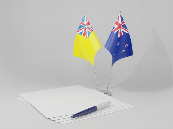 Yeni Zelanda - Niue Anlaşması Bayrakları, Beyaz Arkaplan - 3D Render - Fotoğraf, Görsel