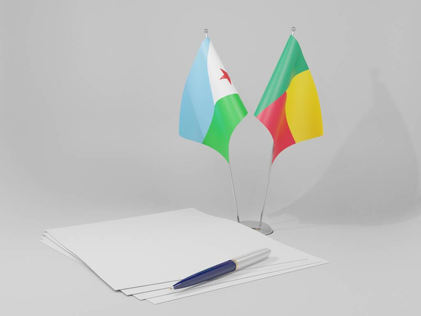 Benin - Cibuti Anlaşması Bayrakları, Beyaz Arkaplan - 3D Render - Fotoğraf, Görsel