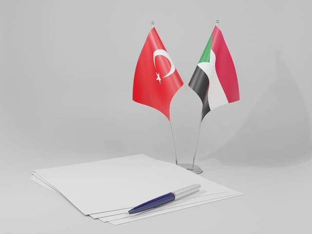 Súdán - Turecko dohody vlajky, bílé pozadí - 3D vykreslování - Fotografie, Obrázek