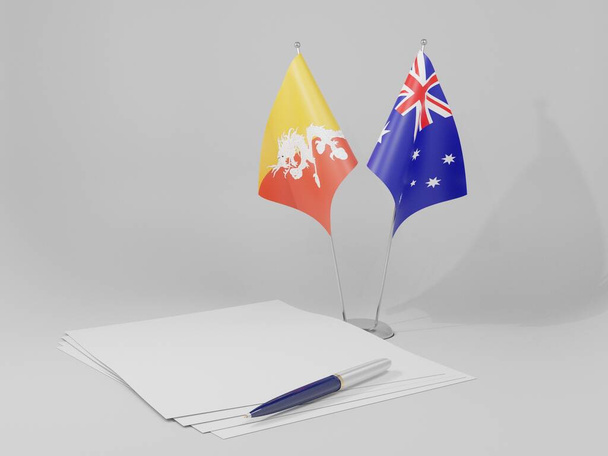 Avusturalya - Butan Anlaşması Bayrakları, Beyaz Arkaplan - 3D Render - Fotoğraf, Görsel