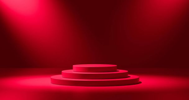 Leeres rotes Podium für die Produktpräsentation. Farbe runder Sockel auf dem Studioboden platziert. 3D schattiert, Licht von oben. Roter Farbverlauf im Hintergrund. - Foto, Bild