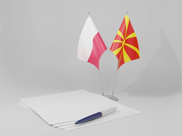Overeenkomst tussen Macedonië en Polen Vlaggen, witte achtergrond - 3D Render - Foto, afbeelding