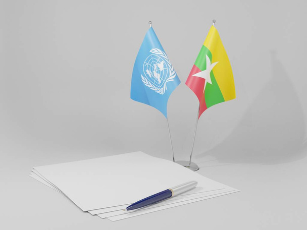 Myanmar - Birleşmiş Milletler Anlaşması Bayrakları, Beyaz Arkaplan - 3D Hazırlama - Fotoğraf, Görsel