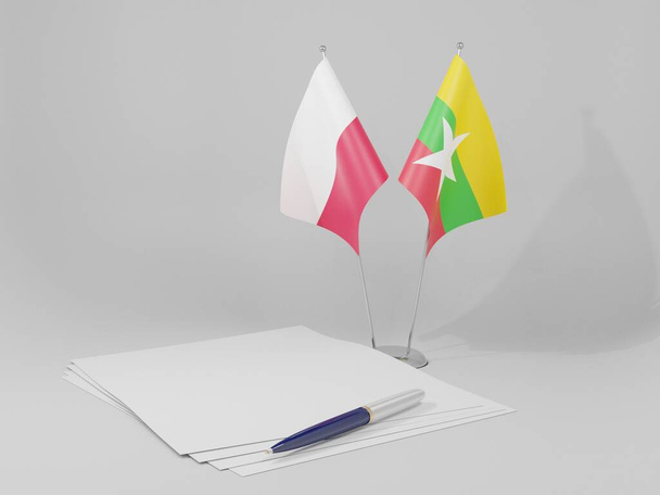 Mianmar - Lengyelország megállapodás zászlók, fehér háttér - 3D Render - Fotó, kép