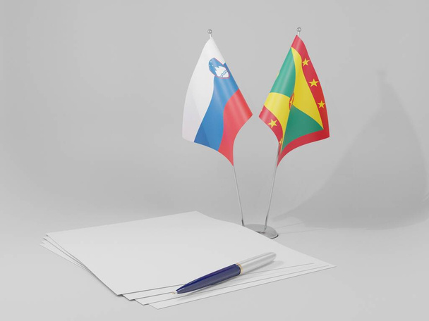 Grenada - Slovenya Anlaşması Bayrakları, Beyaz Arkaplan - 3D Render - Fotoğraf, Görsel