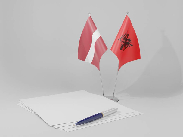 Albanien - Lettland Abkommen Flaggen, weißer Hintergrund - 3D Render - Foto, Bild