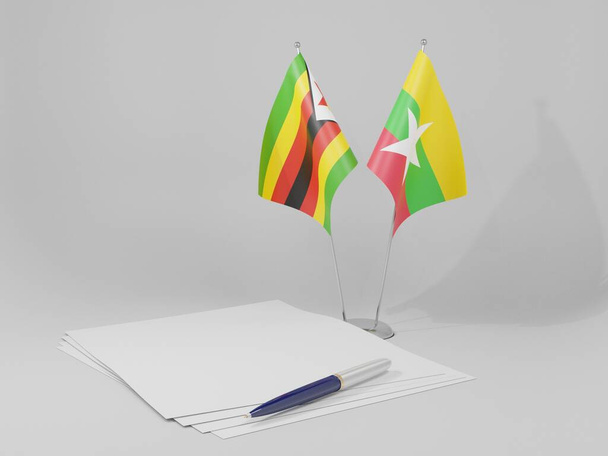 Myanmar - Bandiere dell'accordo Zimbabwe, sfondo bianco - Render 3D - Foto, immagini