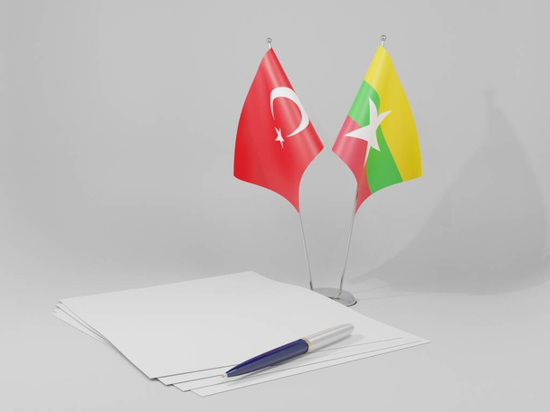 Myanmar - Türkiye Anlaşması Bayrakları, Beyaz Arkaplan - 3D Hazırlama - Fotoğraf, Görsel