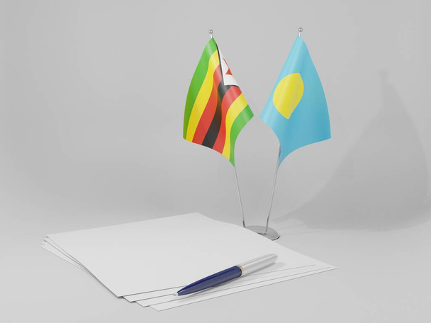 Palau - Zimbabwe Anlaşması Bayrakları, Beyaz Arkaplan - 3D Render - Fotoğraf, Görsel