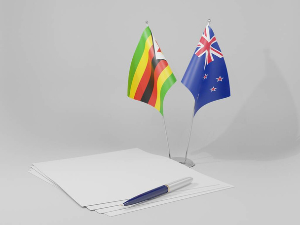 Új-Zéland - Zimbabwe megállapodás zászlók, fehér háttér - 3D Render - Fotó, kép