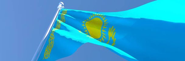 3D απόδοση της εθνικής σημαίας του Καζακστάν κυματίζει στον άνεμο - Φωτογραφία, εικόνα