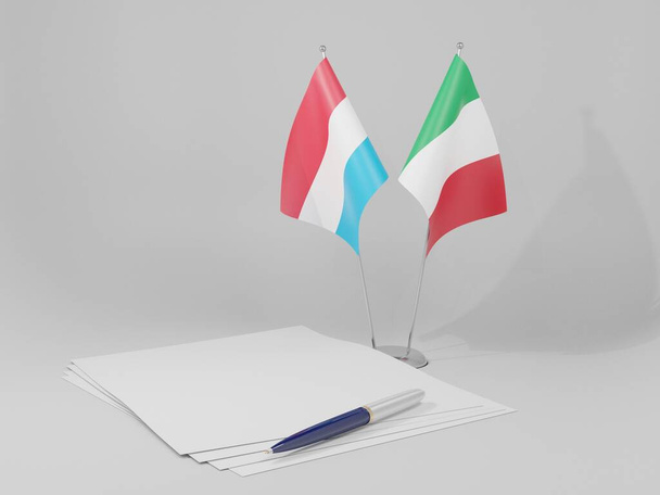 Flagi porozumienia Włochy-Luksemburg, białe tło - Render 3D - Zdjęcie, obraz