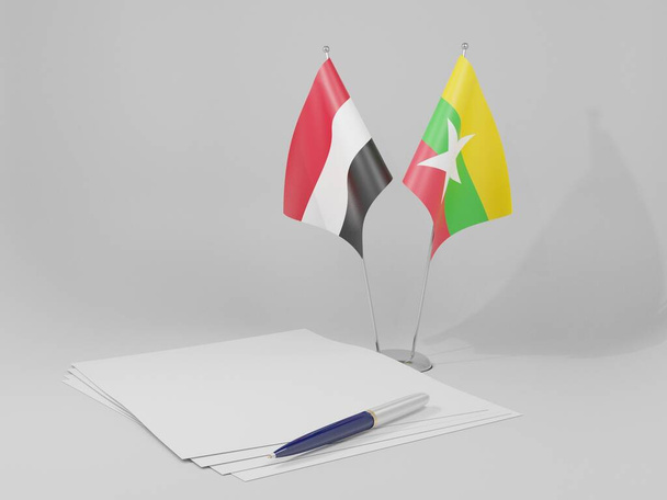 Myanmar - Yemen Anlaşması Bayrakları, Beyaz Arkaplan - 3D Yapılandırma - Fotoğraf, Görsel