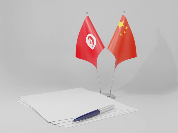 China - Tunisia Agreement Flags, White Background - 3D Render - Photo, Image