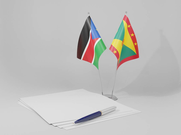 Grenada - Güney Sudan Anlaşması Bayrakları, Beyaz Arkaplan - 3D Render - Fotoğraf, Görsel