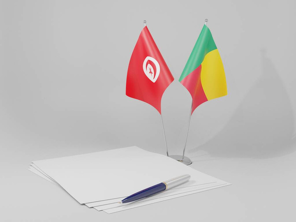 Benin-Tunisia-sopimuksen liput, valkoinen tausta - 3D-renderointi - Valokuva, kuva