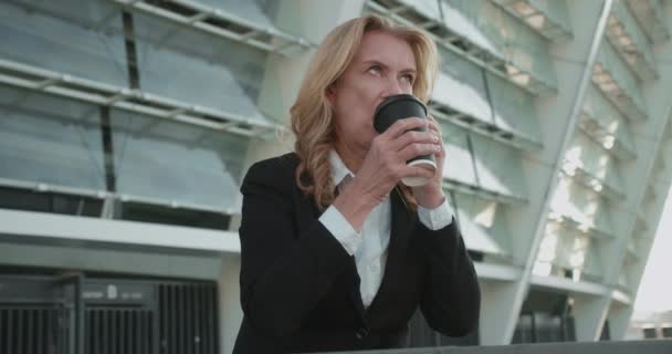 Cheerful woman in business suit enjoying phone conversation during coffee break - Metraje, vídeo