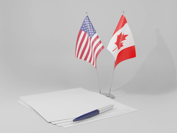 Drapeaux de l'Accord Canada - États-Unis d'Amérique, fond blanc - 3D Render - Photo, image