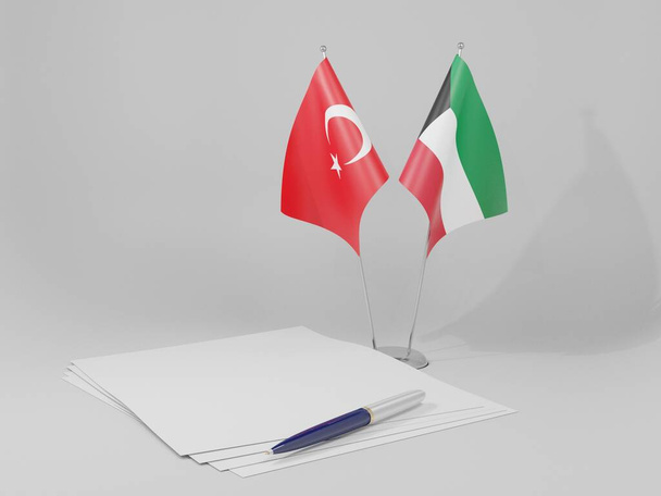 Kuveyt - Türkiye Anlaşması Bayrakları, Beyaz Arkaplan - 3D Hazırlama - Fotoğraf, Görsel