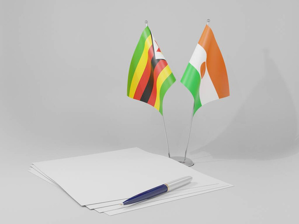 Nijer - Zimbabve Anlaşması Bayrakları, Beyaz Arkaplan - 3D Render - Fotoğraf, Görsel