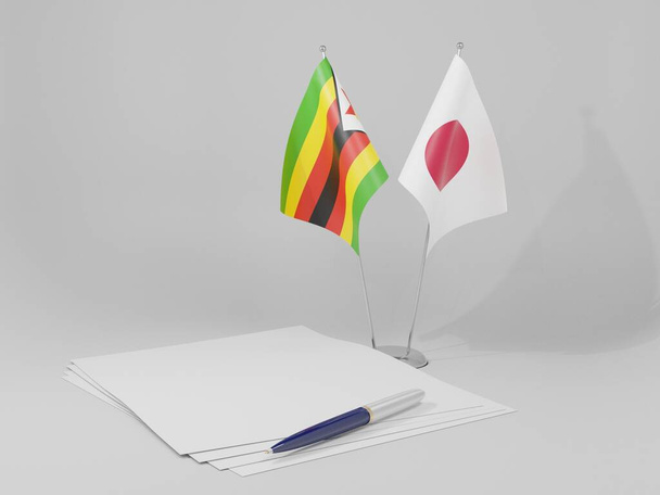 Japonya - Zimbabve Anlaşması Bayrakları, Beyaz Arkaplan - 3D Render - Fotoğraf, Görsel