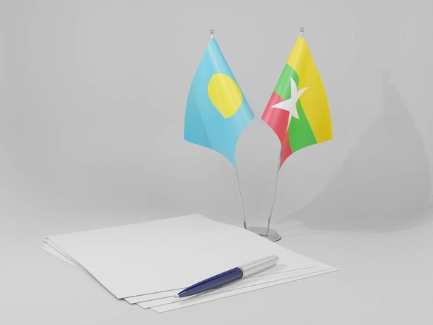 ミャンマー-パラオ協定旗、白の背景- 3Dレンダリング - 写真・画像