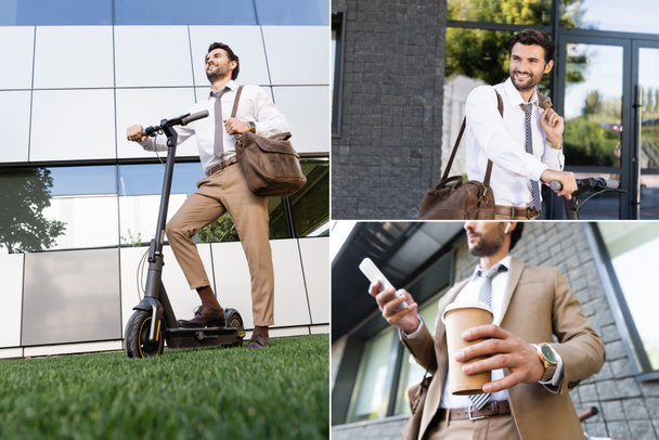 kolaż biznesmena w słuchawkach bezprzewodowych i garniturze trzymającym kawę na wynos i smartfona, uśmiechniętego i stojącego w pobliżu e-skutera - Zdjęcie, obraz