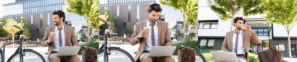 Takım elbiseli iş adamlarının kolajı elinde kese kağıdıyla bankta otururken dizüstü bilgisayar kullanıyor. - Fotoğraf, Görsel