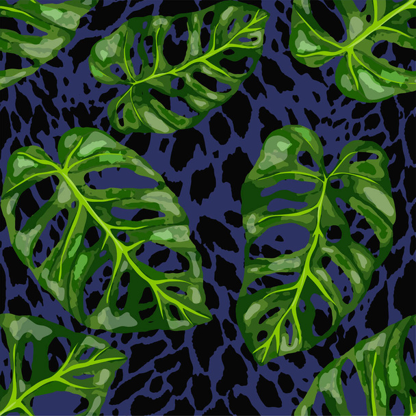 Tropical seamless pattern on animalistic texture. Jungle exotic summer print. Summer tropical leaf. Tropical flower fashion pattern. Floral tropic illustration. Vector seamless pattern. - Vetor, Imagem