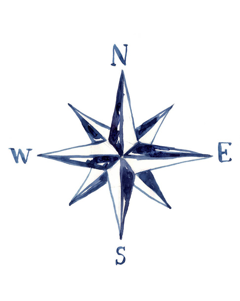 Nautical compass drawn with watercolor. - Photo, Image