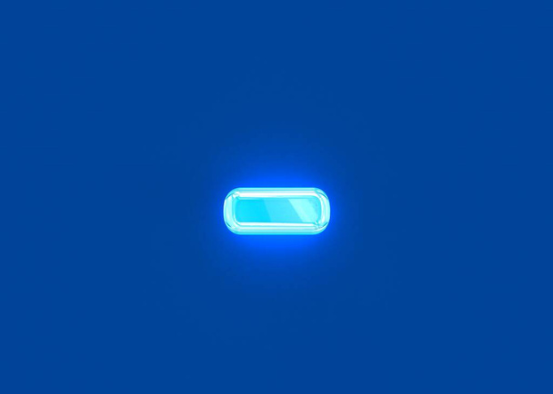 Blue shiny neon light glass made clear alphabet - minus (dash) isolated on dark blue, 3D illustration of symbols - Foto, Bild